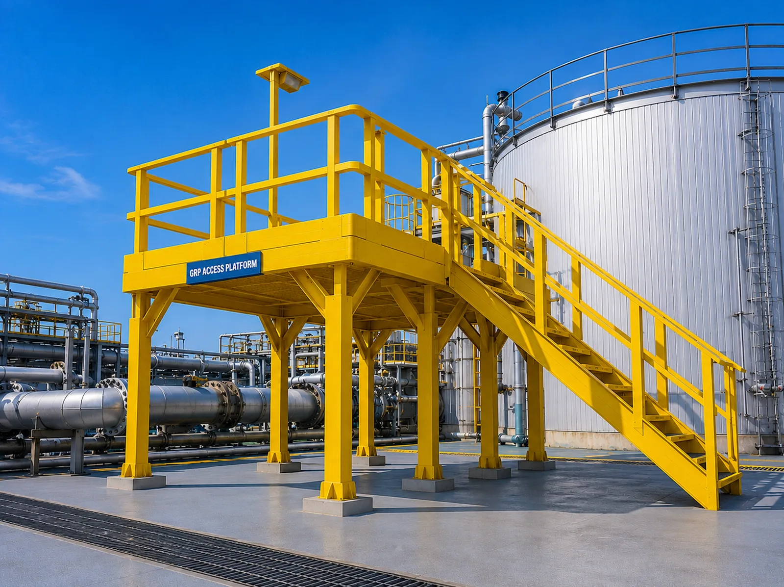 GRP Access Platforms - GRP flooring systems, access platforms, stairways, ladders, and safety structures for petrochemical, offshore, and industrial facilities.