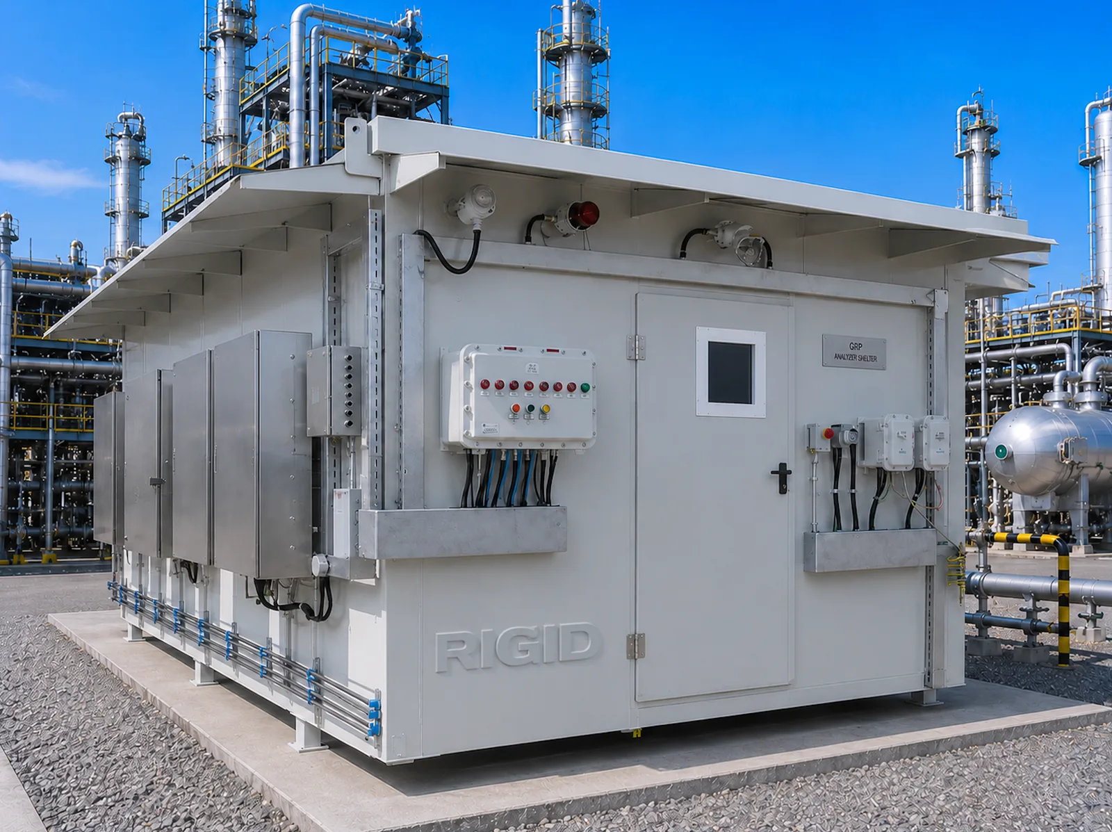 GRP Analyzer Shelters - custom-engineered GRP Analyzer Shelters designed to protect analytical instruments, process analyzers, gas analyzers, water quality monitoring systems, sampling systems, and laboratory equipment operating in demanding industrial environments.