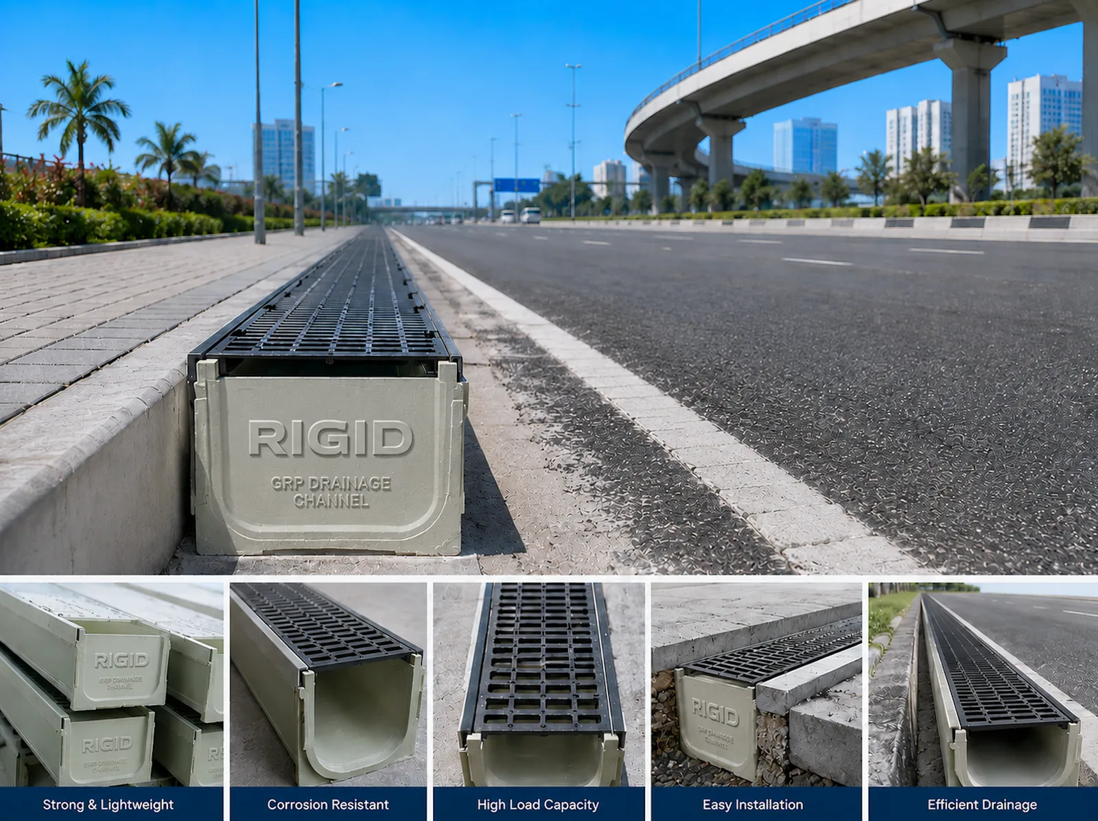 GRP Drainage Channels - high-performance GRP Drainage Channels designed for efficient stormwater collection and drainage in roads, highways, airports, industrial facilities, utility corridors, and infrastructure projects.