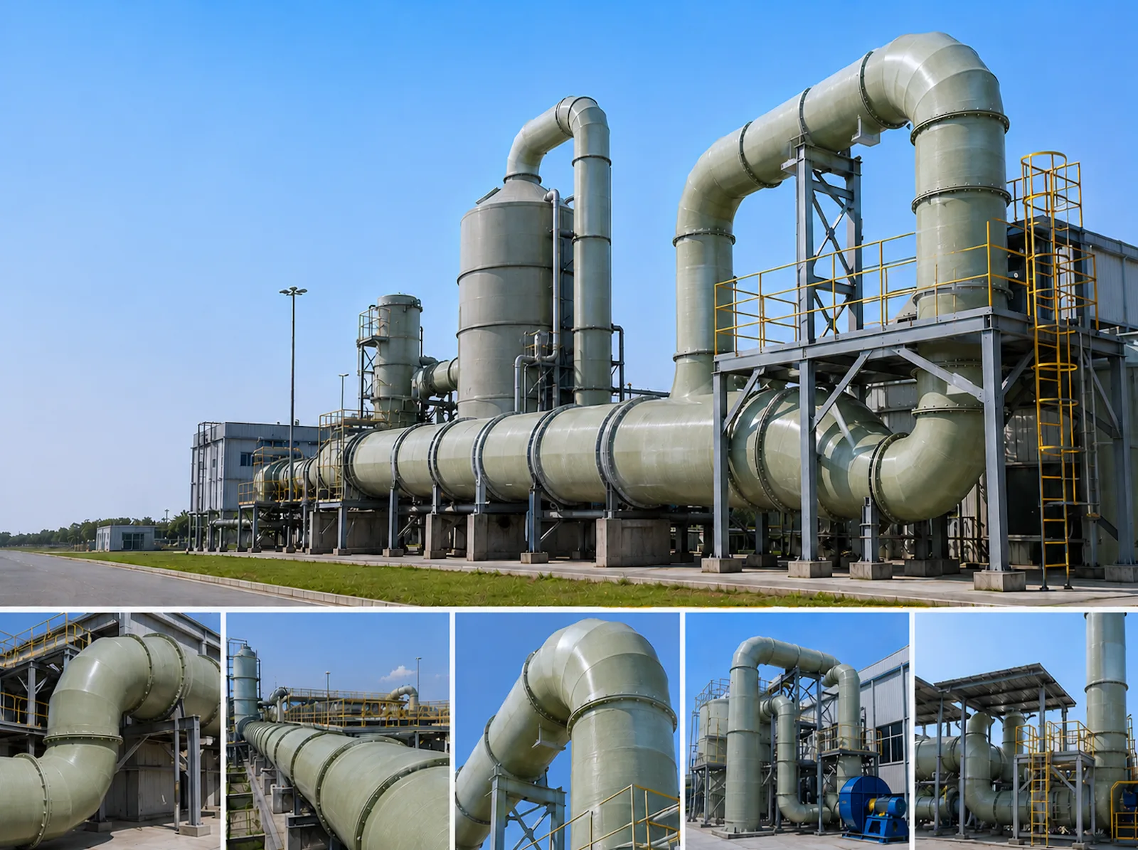 GRP Duct Systems - heavy-duty GRP Duct Systems designed for the extraction, transportation, and treatment of corrosive gases, foul odors, and process emissions generated in wastewater treatment facilities, sewage plants, sludge processing units, chemical treatment systems, and industrial environments.