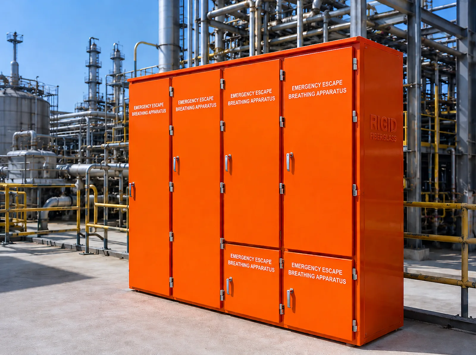 GRP EEBA Cabinets - GRP EEBA cabinets designed for secure housing and rapid access to emergency escape breathing apparatus equipment in hazardous industrial and offshore environments.