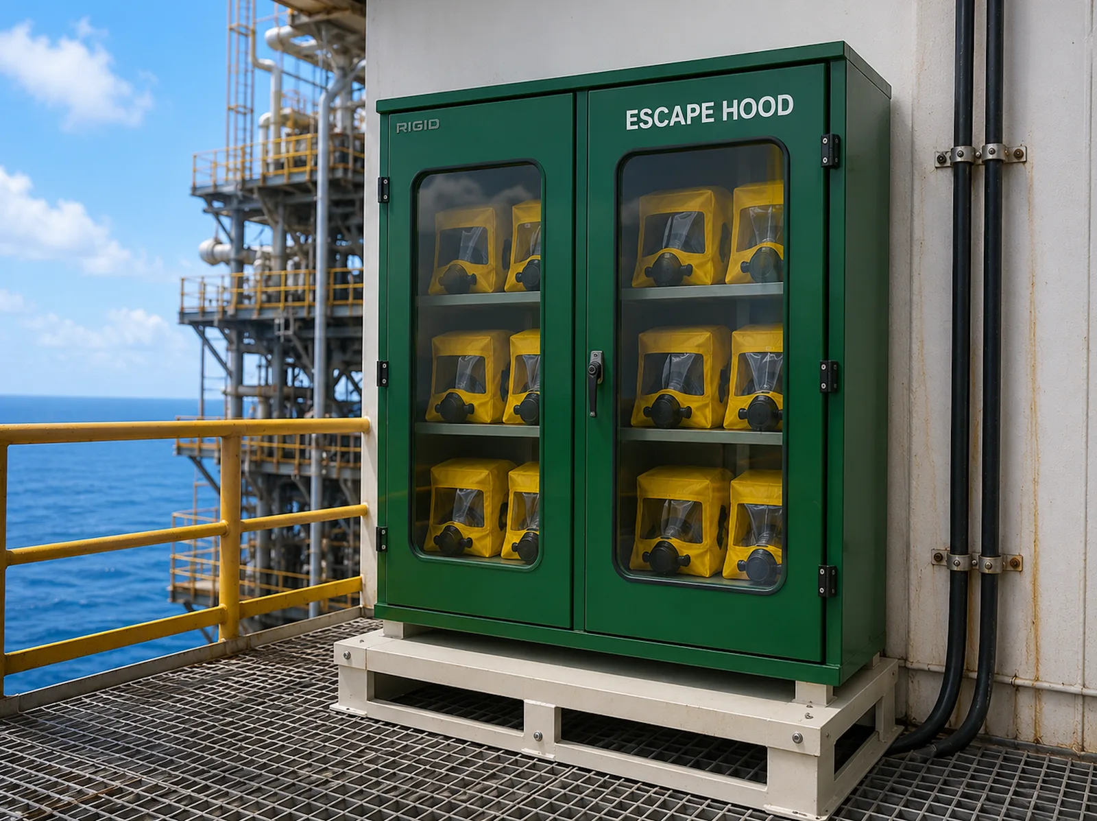 GRP Escape Hood Cabinets - GRP escape hood cabinets engineered for safe storage and protection of emergency escape hoods in hazardous industrial, marine, and offshore environments.