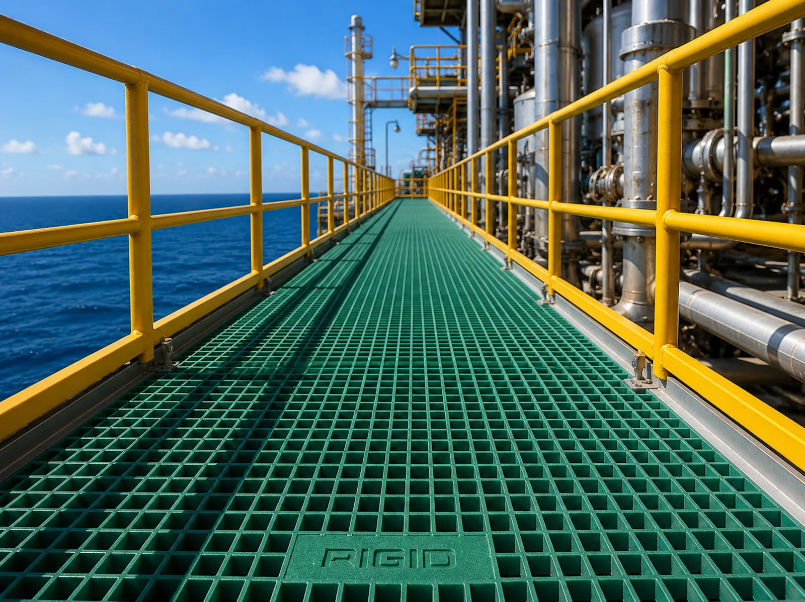GRP Gratings - heavy-duty GRP gratings designed for industrial walkways, platforms, trenches, stair treads, and access systems requiring superior corrosion resistance and safety performance.