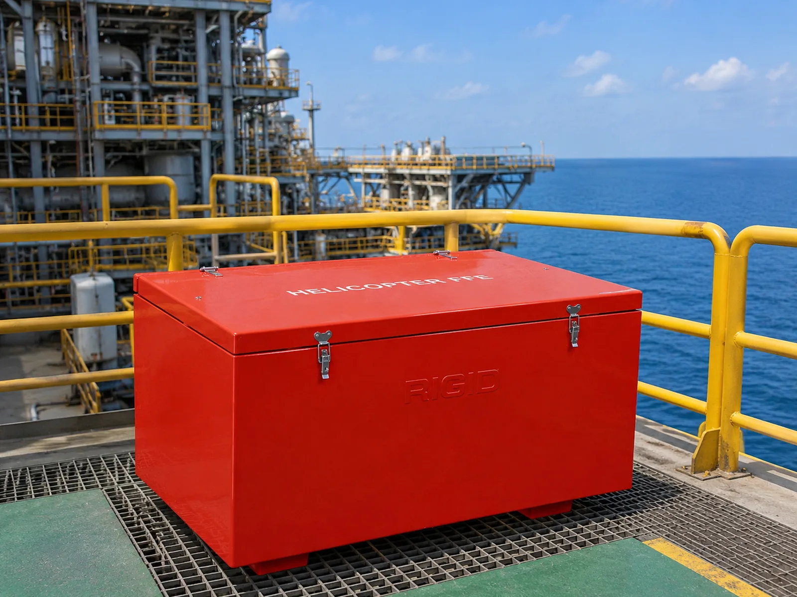 GRP Helicopter Rescue Cabinets - GRP helicopter rescue cabinets designed for storing emergency rescue and heli-deck safety equipment in offshore and marine applications.